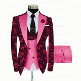 Red Floral Print Men's Suit 3 Pieces  Slim fit Suit Jacket For Wedding, Special Events