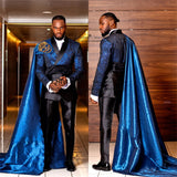 2pcs Blue Jacquard Men's Wedding  Slim Suit  Tuxedo With Cape