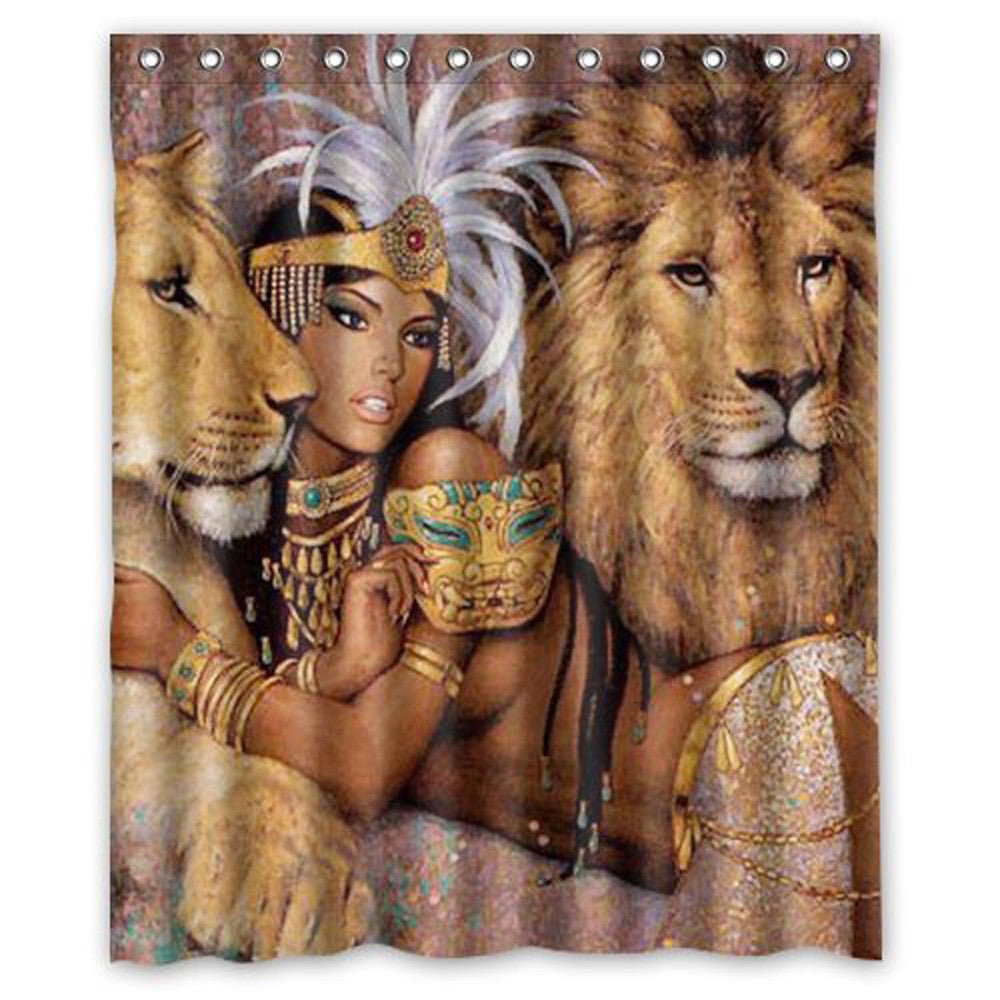 African Queen and Lions Fabric Waterproof Bathroom Shower Curtain - B&R African Styles