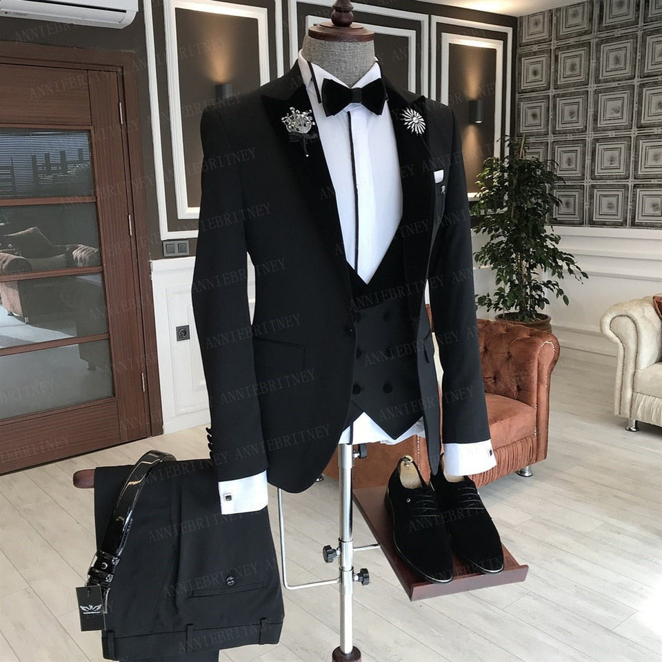 BLACK FORMAL SLIM SUIT FOR MEN 3 PIECES BLAZER JACKET