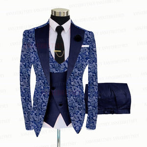 BLUE FLORAL SLIM SUIT FOR MEN 3 PIECES BLAZER JACKET