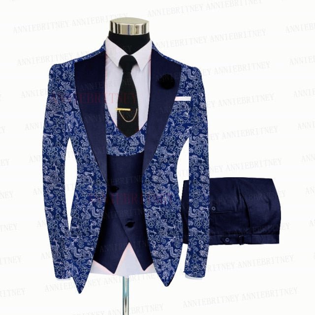 BLUE FLORAL SLIM SUIT FOR MEN 3 PIECES BLAZER JACKET