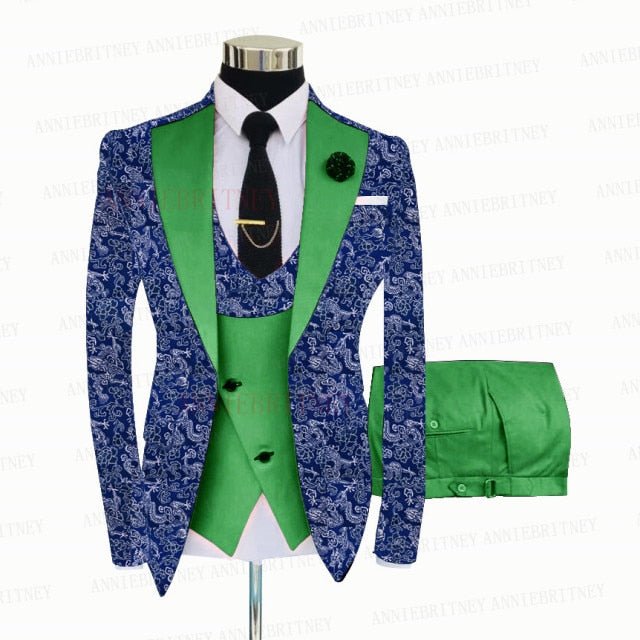 BLUE FLORAL SLIM SUIT FOR MEN 3 PIECES BLAZER JACKET
