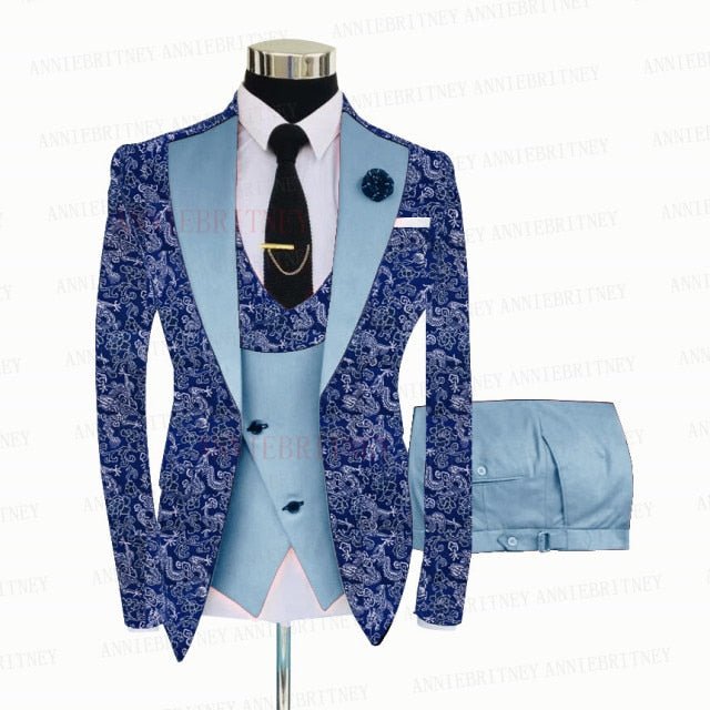 BLUE FLORAL SLIM SUIT FOR MEN 3 PIECES BLAZER JACKET
