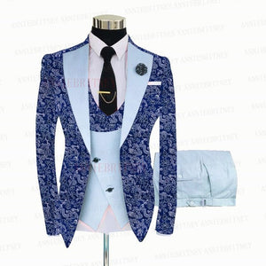BLUE FLORAL SLIM SUIT FOR MEN 3 PIECES BLAZER JACKET