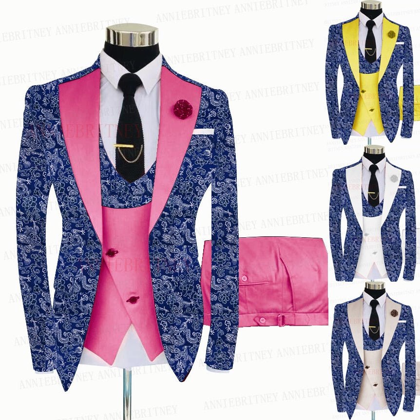 BLUE FLORAL SLIM SUIT FOR MEN 3 PIECES BLAZER JACKET