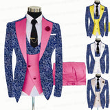 BLUE FLORAL SLIM SUIT FOR MEN 3 PIECES BLAZER JACKET