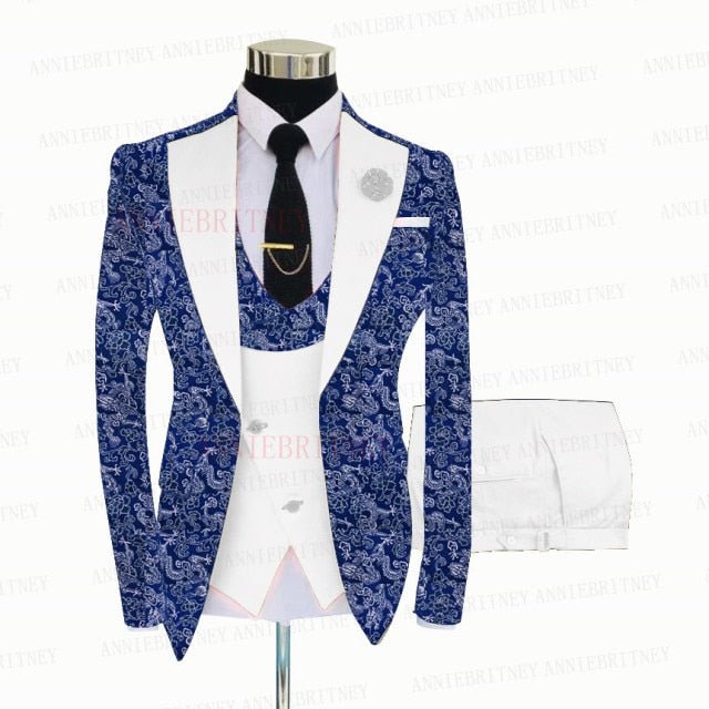 BLUE FLORAL SLIM SUIT FOR MEN 3 PIECES BLAZER JACKET