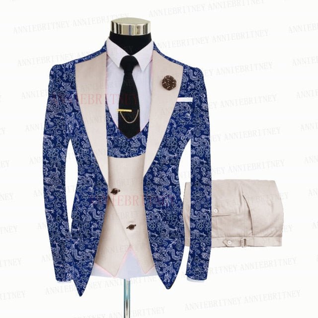 BLUE FLORAL SLIM SUIT FOR MEN 3 PIECES BLAZER JACKET