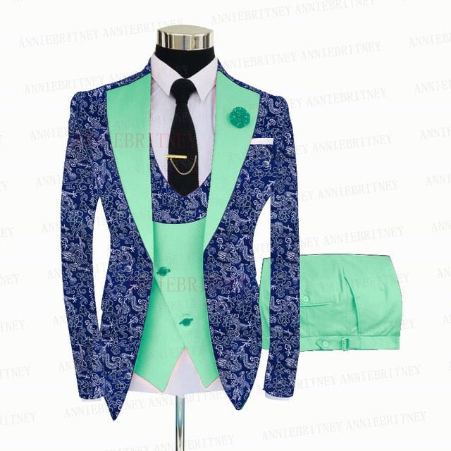BLUE FLORAL SLIM SUIT FOR MEN 3 PIECES BLAZER JACKET