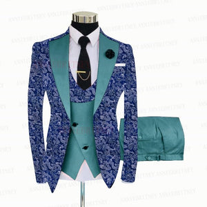 BLUE FLORAL SLIM SUIT FOR MEN 3 PIECES BLAZER JACKET