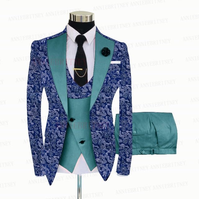 BLUE FLORAL SLIM SUIT FOR MEN 3 PIECES BLAZER JACKET