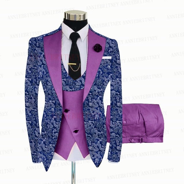 BLUE FLORAL SLIM SUIT FOR MEN 3 PIECES BLAZER JACKET