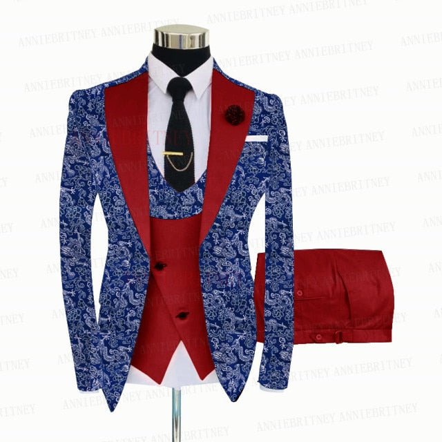 BLUE FLORAL SLIM SUIT FOR MEN 3 PIECES BLAZER JACKET