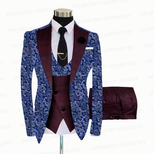 BLUE FLORAL SLIM SUIT FOR MEN 3 PIECES BLAZER JACKET