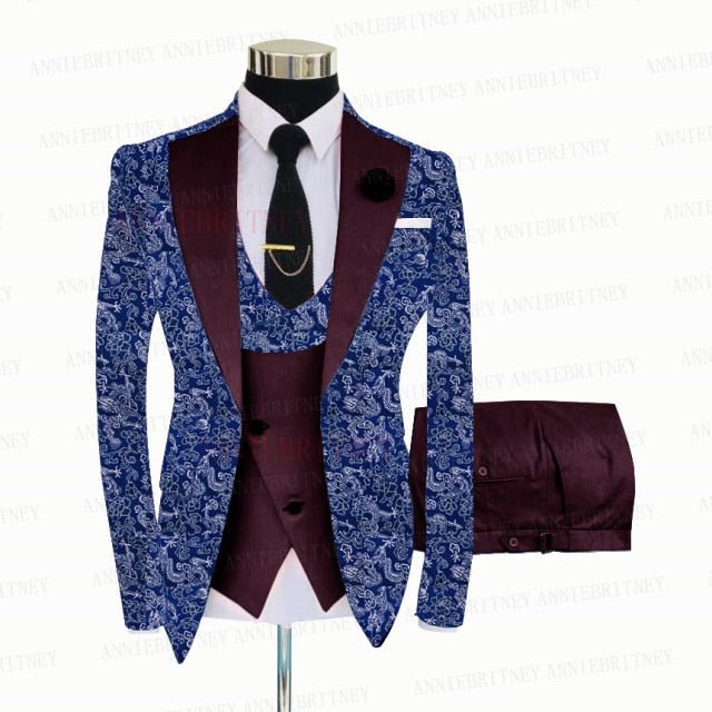 BLUE FLORAL SLIM SUIT FOR MEN 3 PIECES BLAZER JACKET