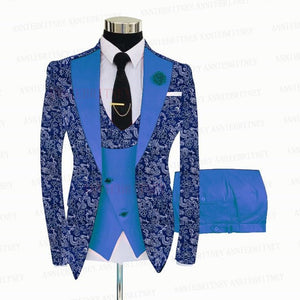 BLUE FLORAL SLIM SUIT FOR MEN 3 PIECES BLAZER JACKET