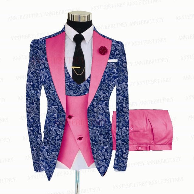BLUE FLORAL SLIM SUIT FOR MEN 3 PIECES BLAZER JACKET