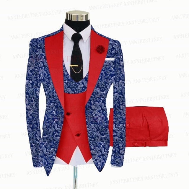 BLUE FLORAL SLIM SUIT FOR MEN 3 PIECES BLAZER JACKET