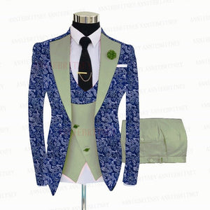 BLUE FLORAL SLIM SUIT FOR MEN 3 PIECES BLAZER JACKET