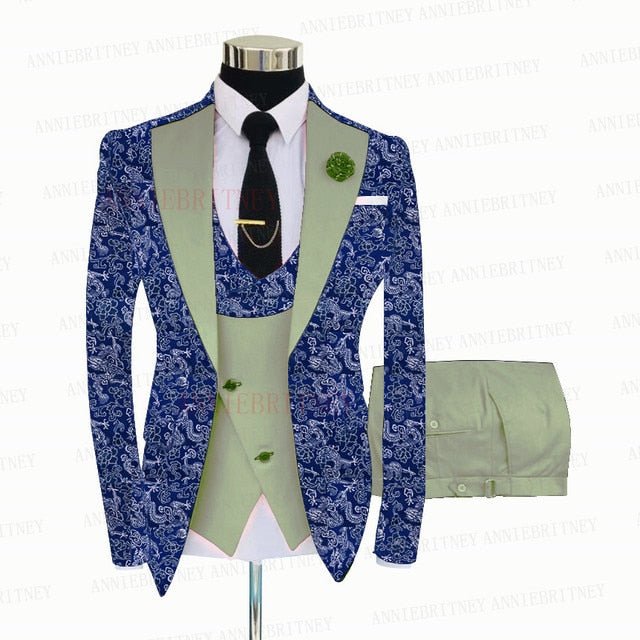 BLUE FLORAL SLIM SUIT FOR MEN 3 PIECES BLAZER JACKET