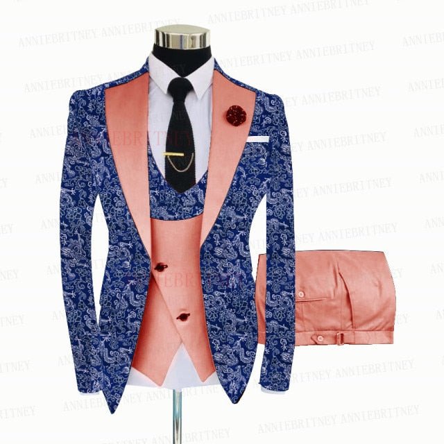 BLUE FLORAL SLIM SUIT FOR MEN 3 PIECES BLAZER JACKET