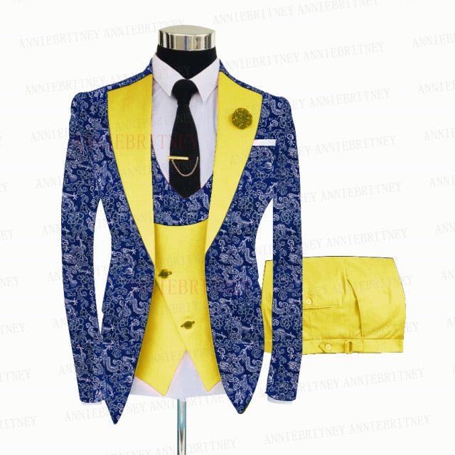 blue floral slim suit for men 3 pieces blazer jacket