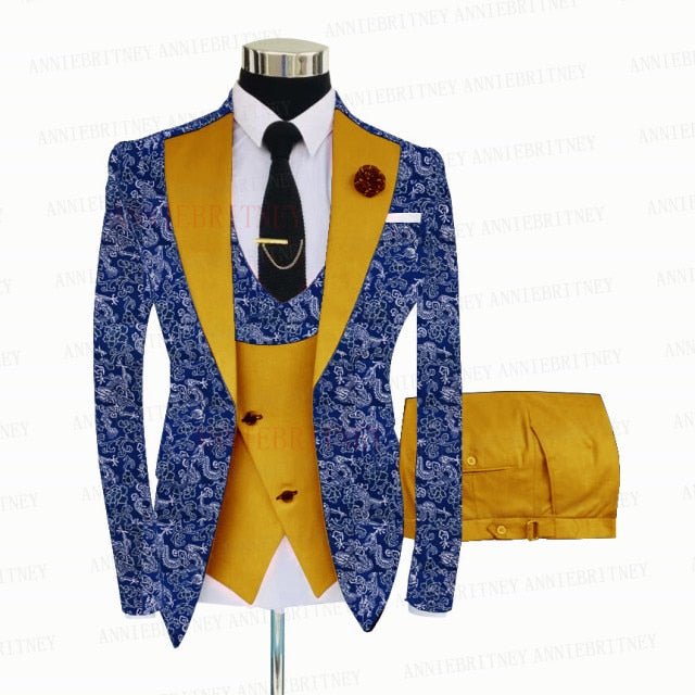 BLUE FLORAL SLIM SUIT FOR MEN 3 PIECES BLAZER JACKET