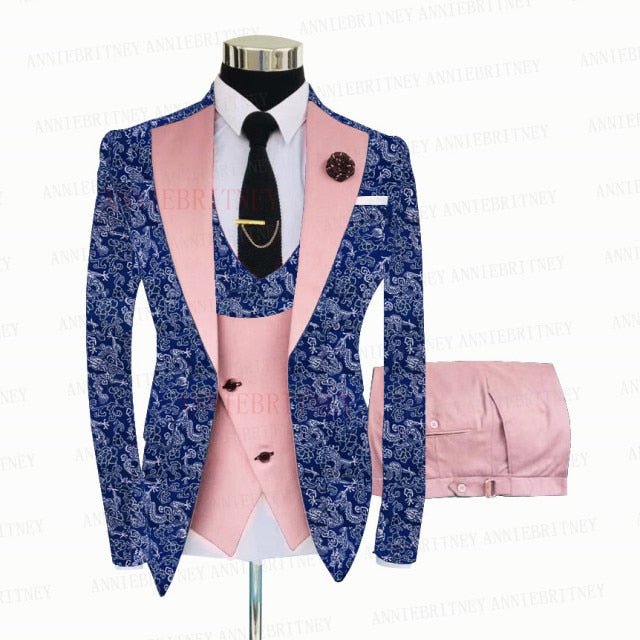 BLUE FLORAL SLIM SUIT FOR MEN 3 PIECES BLAZER JACKET