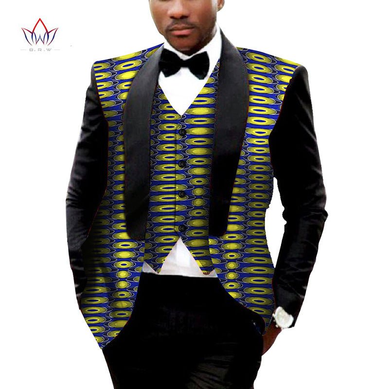 Blue-Yellow Blazer Men's Jacket + Vest  Slim Suit Dashiki - B&R African Styles