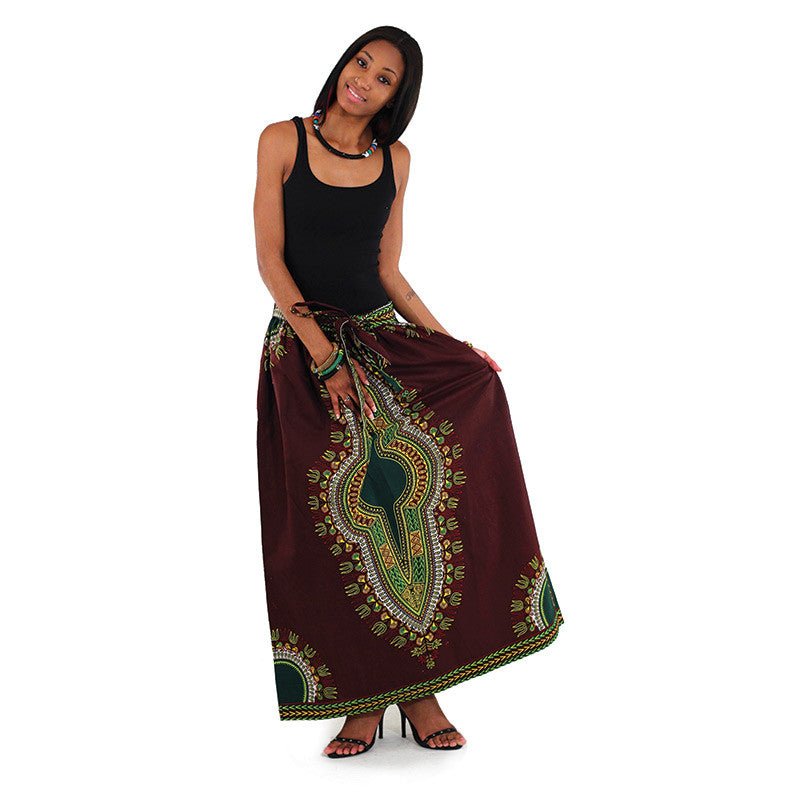 Brown Elastic Skirt Traditional Dashiki Print - B&R African Styles