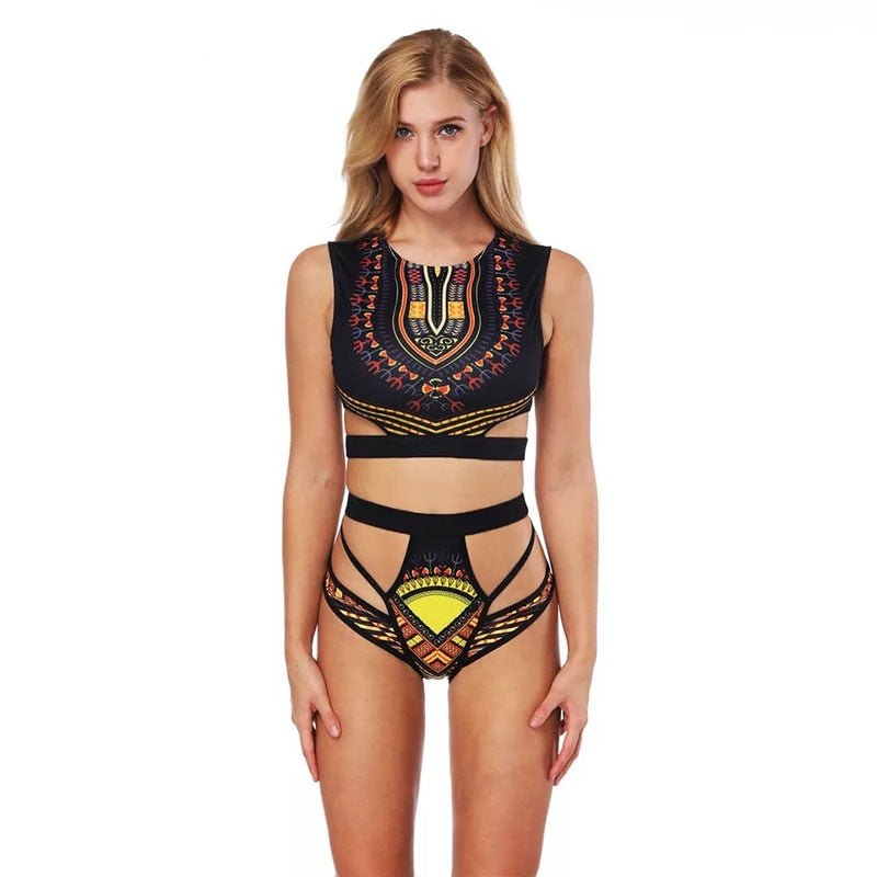 Dashiki Printed Two Pieces Bikini Swimwear Sleeveless Monokini Bathing Suit - B&R African Styles