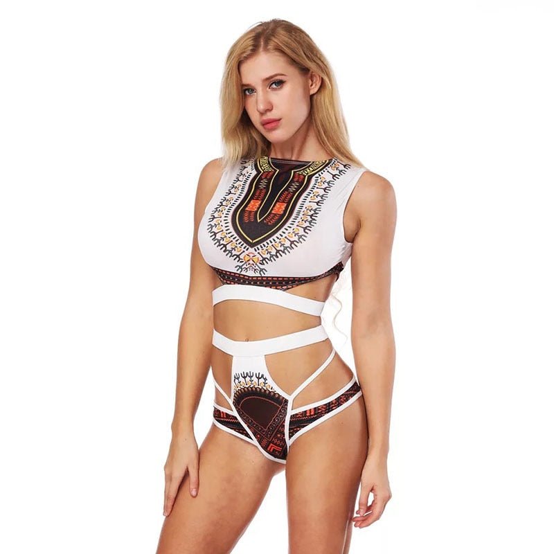 Dashiki Printed Two Pieces Bikini Swimwear Sleeveless Monokini Bathing Suit - B&R African Styles