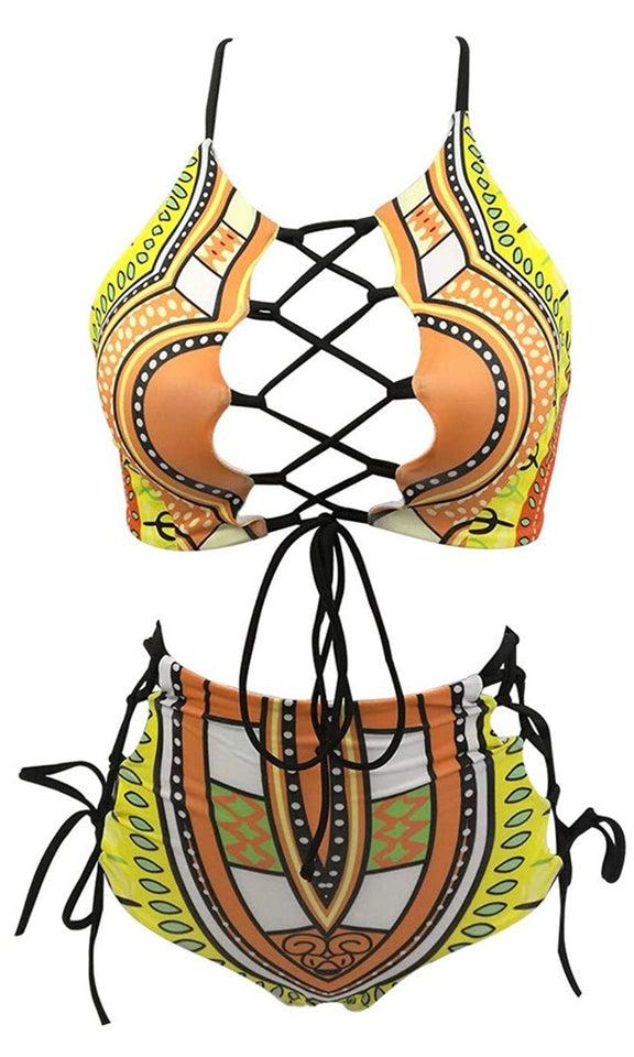 Exotic Yellow Bikini High Waist Bikini Patterned Strap Swimsuit Set