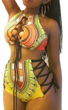 Exotic Yellow Bikini High Waist Bikini Patterned Strap Swimsuit Set