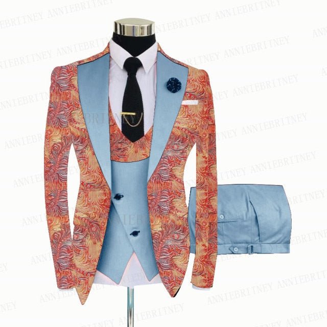 FLORAL PRINTED SLIM SUIT FOR MEN 3 PIECES BLAZER JACKET