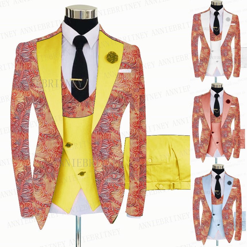 FLORAL PRINTED SLIM SUIT FOR MEN 3 PIECES BLAZER JACKET