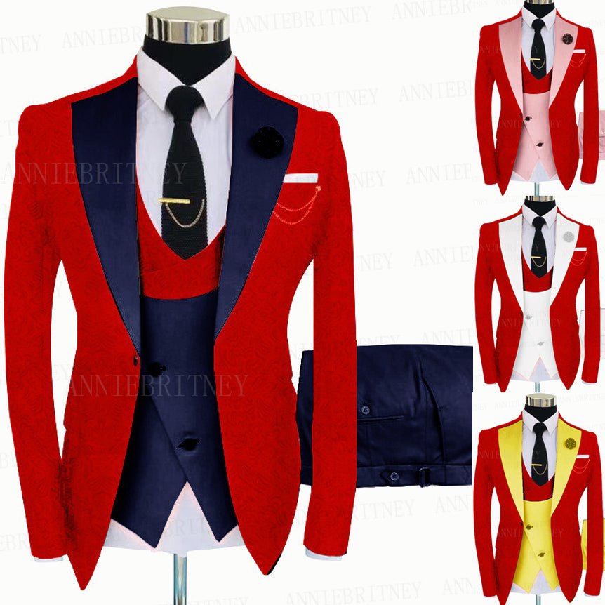 Jacquard Red Slim Suit Tux 3 Pieces - B&R African Styles