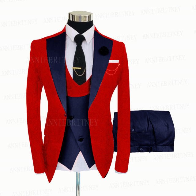 Jacquard Red Slim Suit Tux 3 Pieces - B&R African Styles