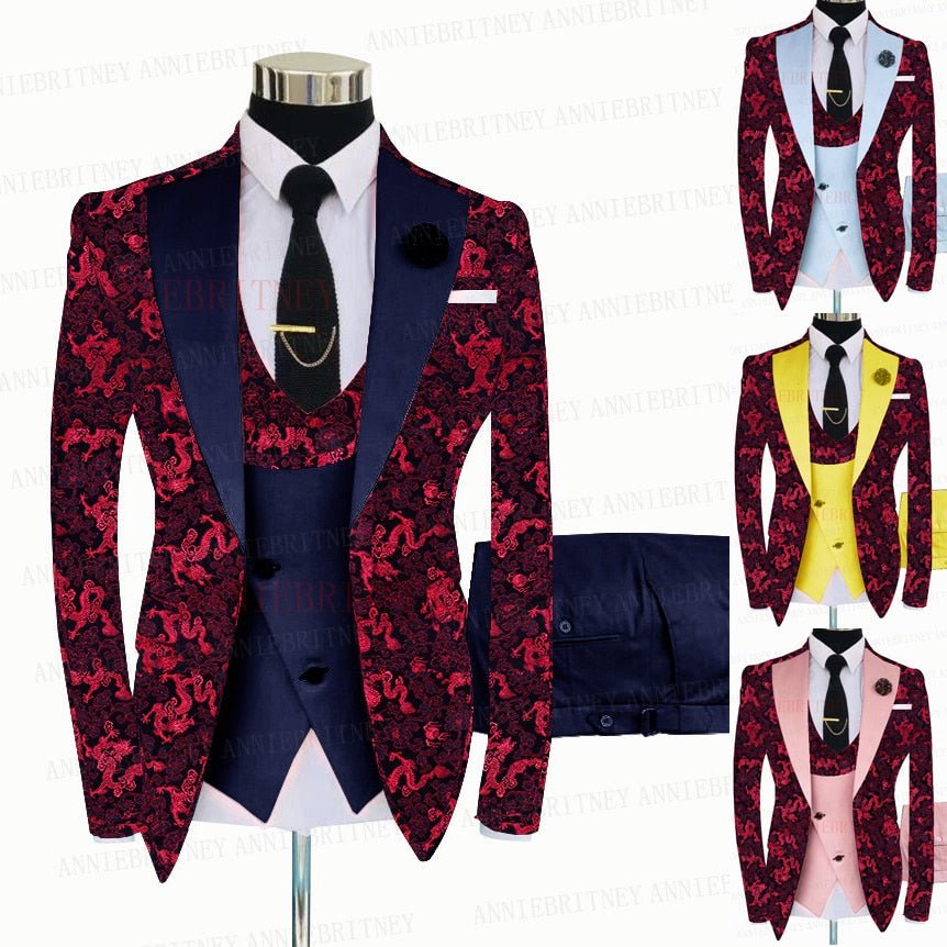 Red Floral Print Men's Suit 3 Pieces Slim fit Suit Jacket - B&R African Styles