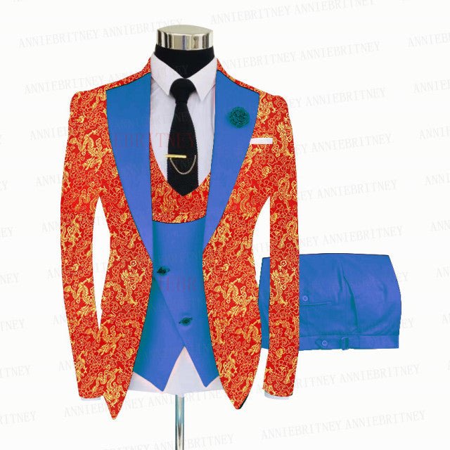 RED FLORAL SLIM SUIT FOR MEN 3 PIECES BLAZER JACKET - B&R African Styles