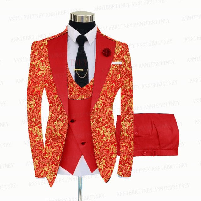 RED FLORAL SLIM SUIT FOR MEN 3 PIECES BLAZER JACKET - B&R African Styles