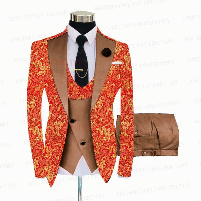 RED FLORAL SLIM SUIT FOR MEN 3 PIECES BLAZER JACKET - B&R African Styles