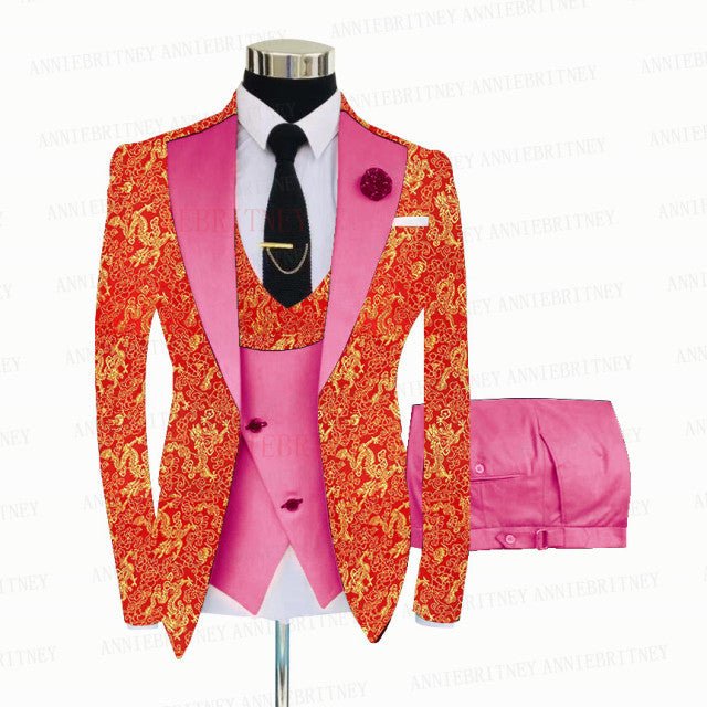 RED FLORAL SLIM SUIT FOR MEN 3 PIECES BLAZER JACKET - B&R African Styles