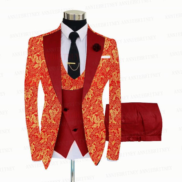 RED FLORAL SLIM SUIT FOR MEN 3 PIECES BLAZER JACKET - B&R African Styles
