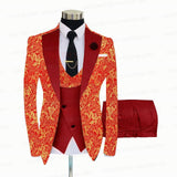 RED FLORAL SLIM SUIT FOR MEN 3 PIECES BLAZER JACKET - B&R African Styles