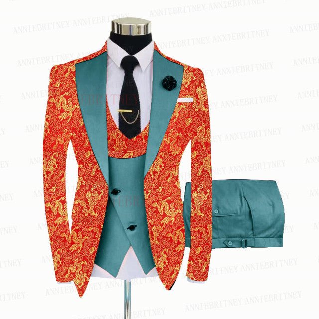 RED FLORAL SLIM SUIT FOR MEN 3 PIECES BLAZER JACKET - B&R African Styles