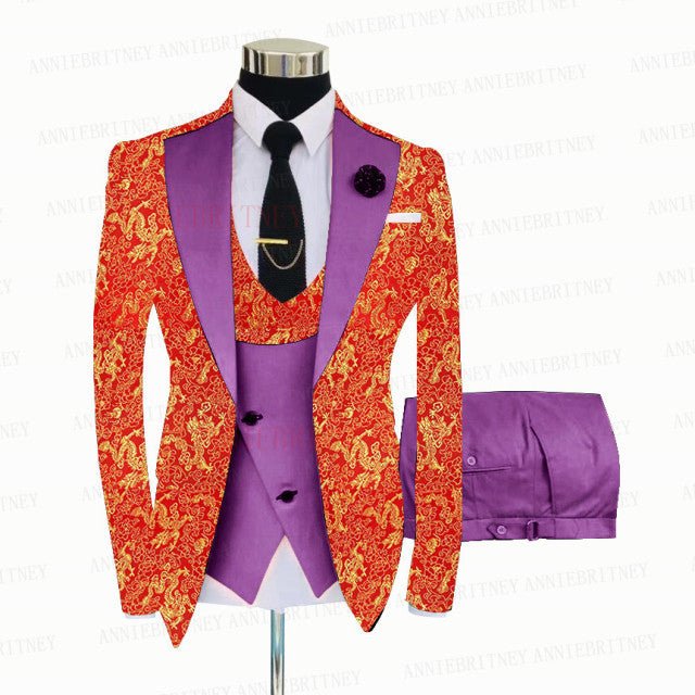 RED FLORAL SLIM SUIT FOR MEN 3 PIECES BLAZER JACKET - B&R African Styles