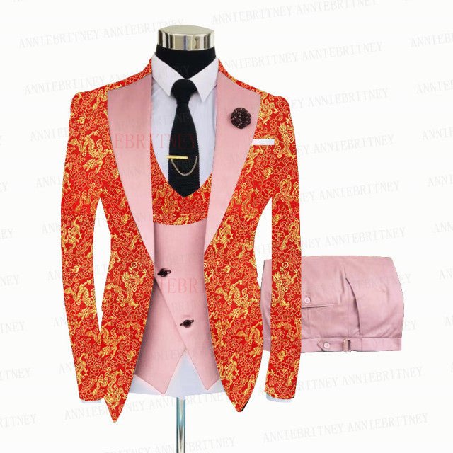 RED FLORAL SLIM SUIT FOR MEN 3 PIECES BLAZER JACKET - B&R African Styles