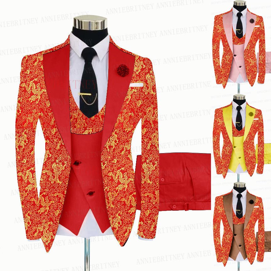 RED FLORAL SLIM SUIT FOR MEN 3 PIECES BLAZER JACKET - B&R African Styles
